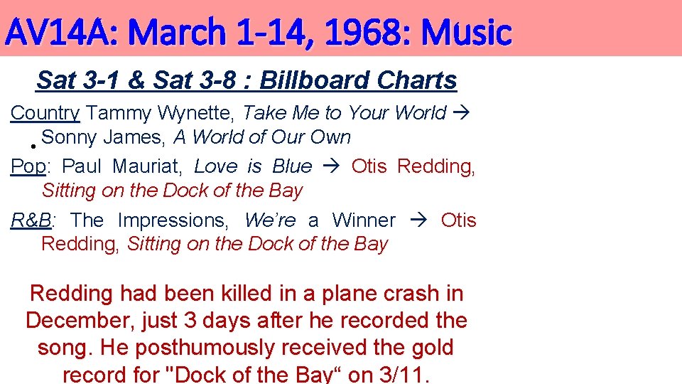 AV 14 A: March 1 -14, 1968: Music Sat 3 -1 & Sat 3 AV 14 A: March 1 -14, 1968: Music Sat 3 -1 & Sat 3