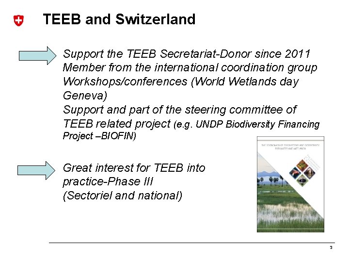 TEEB and Switzerland Support the TEEB Secretariat-Donor since 2011 Member from the international coordination