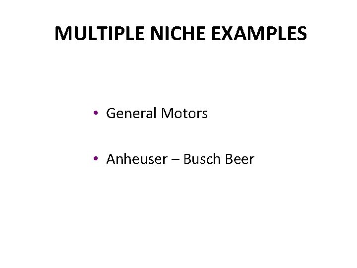 MULTIPLE NICHE EXAMPLES • General Motors • Anheuser – Busch Beer 
