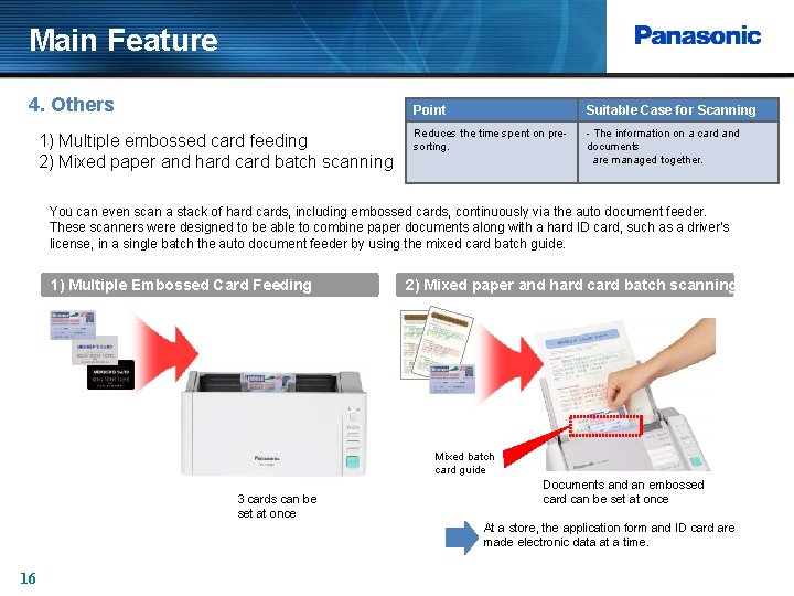 Main Feature 4. Others 1) Multiple embossed card feeding 2) Mixed paper and hard