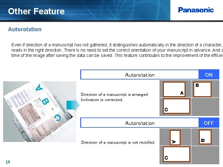 Other Feature Autorotation Even if direction of a manuscript has not gathered, it distinguishes