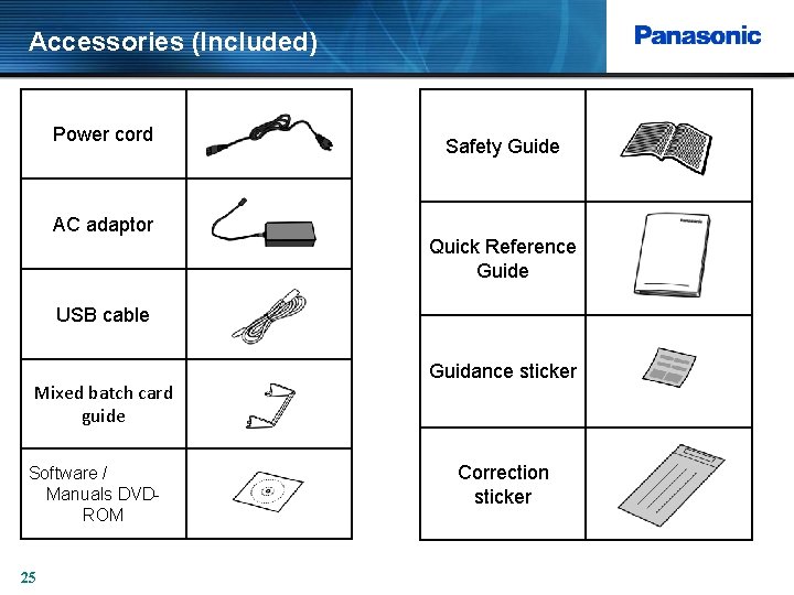 Accessories (Included) Power cord Safety Guide AC adaptor Quick Reference Guide USB cable Mixed