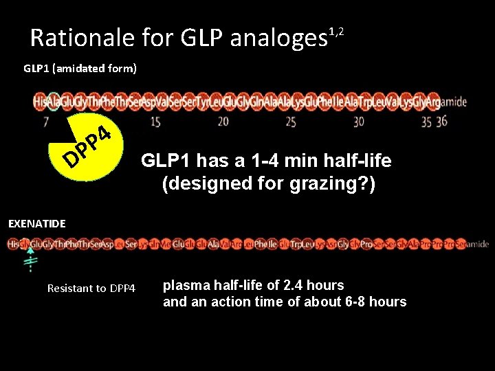 Rationale for GLP analoges 1, 2 GLP 1 (amidated form) 4 P DP GLP