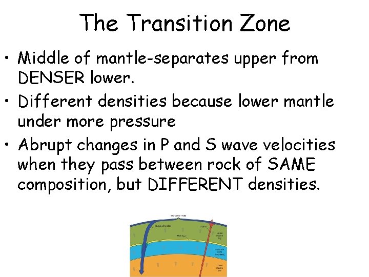 The Transition Zone • Middle of mantle-separates upper from DENSER lower. • Different densities