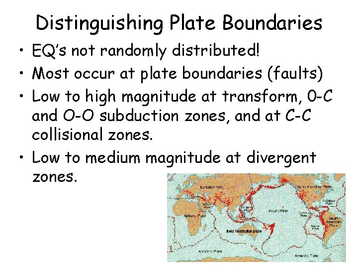 Distinguishing Plate Boundaries • EQ’s not randomly distributed! • Most occur at plate boundaries