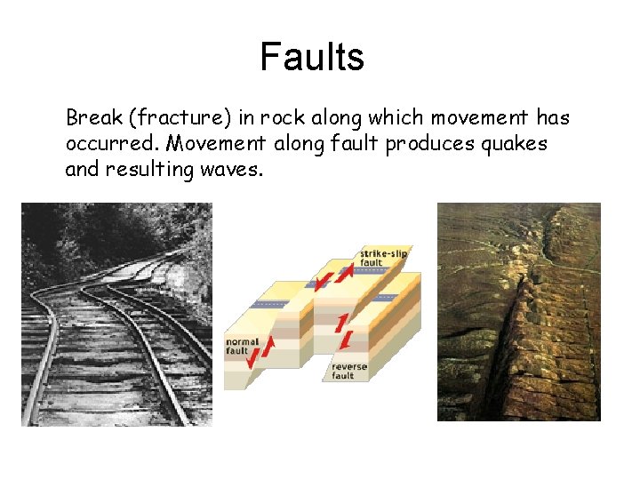 Faults Break (fracture) in rock along which movement has occurred. Movement along fault produces