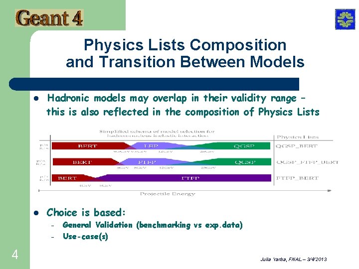 Physics Lists Composition and Transition Between Models l l Hadronic models may overlap in