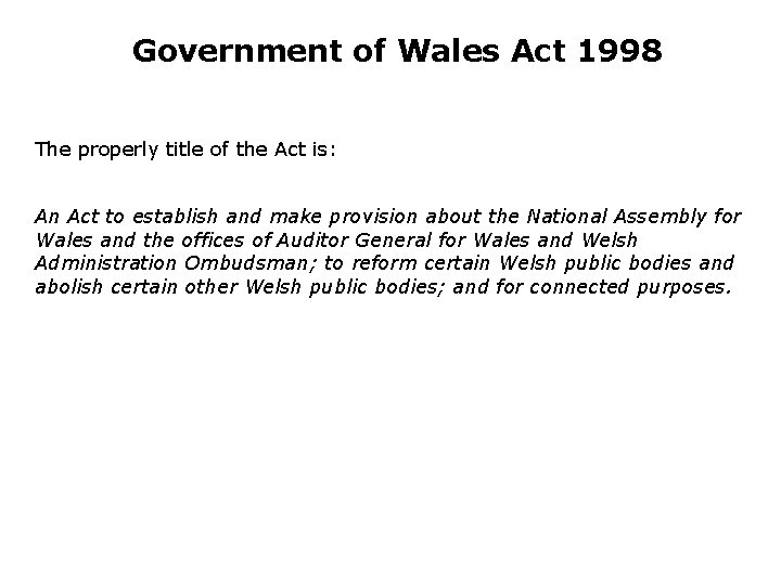 Government of Wales Act 1998 The properly title of the Act is: An Act