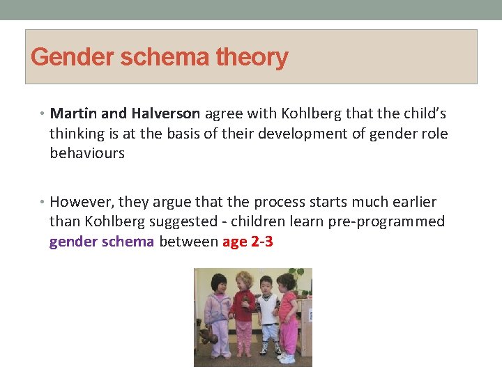Gender schema theory • Martin and Halverson agree with Kohlberg that the child’s thinking