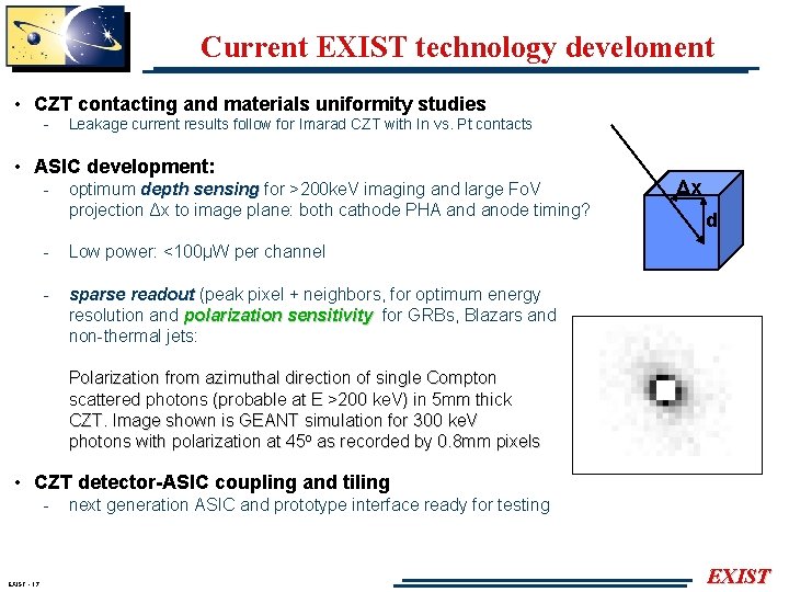 Current EXIST technology develoment • CZT contacting and materials uniformity studies - Leakage current