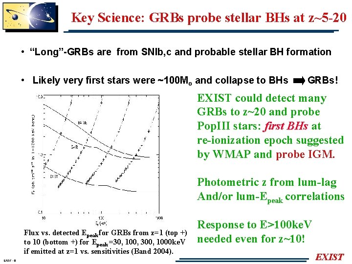 Key Science: GRBs probe stellar BHs at z~5 -20 • “Long”-GRBs are from SNIb,