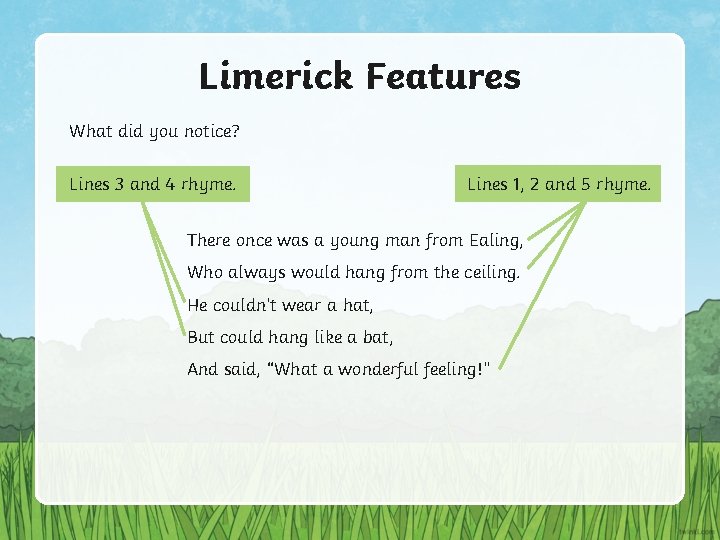Limerick Features What did you notice? Lines 3 and 4 rhyme. Lines 1, 2