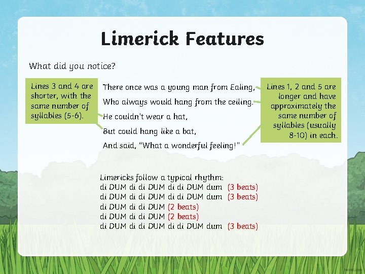 Limerick Features What did you notice? Lines 3 and 4 are shorter, with the