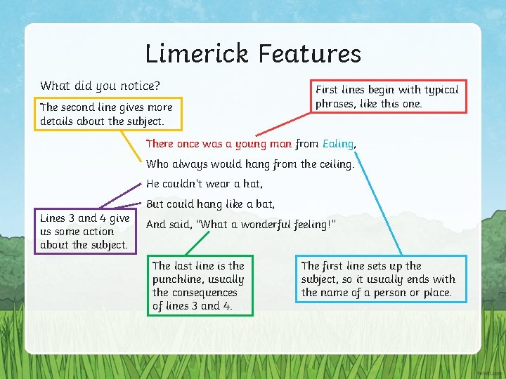 Limerick Features What did you notice? The second line gives more details about the