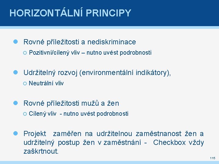 HORIZONTÁLNÍ PRINCIPY Rovné příležitosti a nediskriminace Pozitivní/cílený vliv – nutno uvést podrobnosti Udržitelný rozvoj