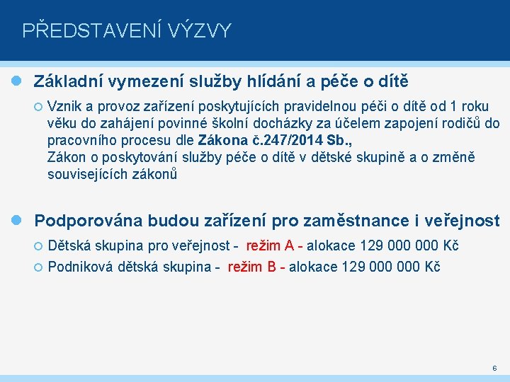 PŘEDSTAVENÍ VÝZVY Základní vymezení služby hlídání a péče o dítě Vznik a provoz zařízení