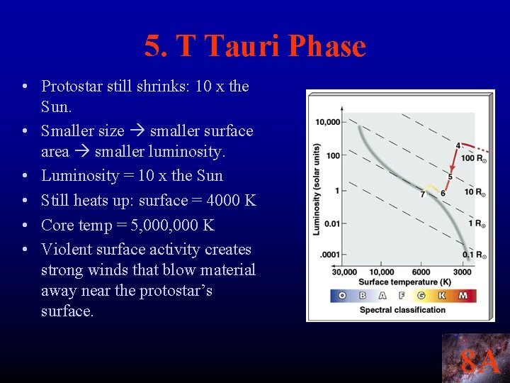 5. T Tauri Phase • Protostar still shrinks: 10 x the Sun. • Smaller