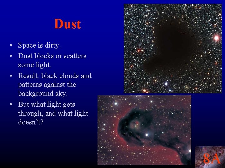 Dust • Space is dirty. • Dust blocks or scatters some light. • Result: