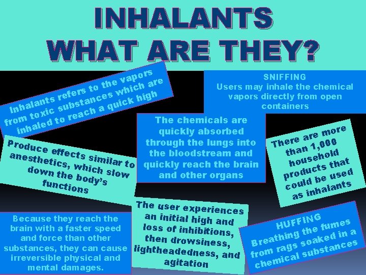 INHALANTS WHAT ARE THEY? SNIFFING pors e a v r e a h Users