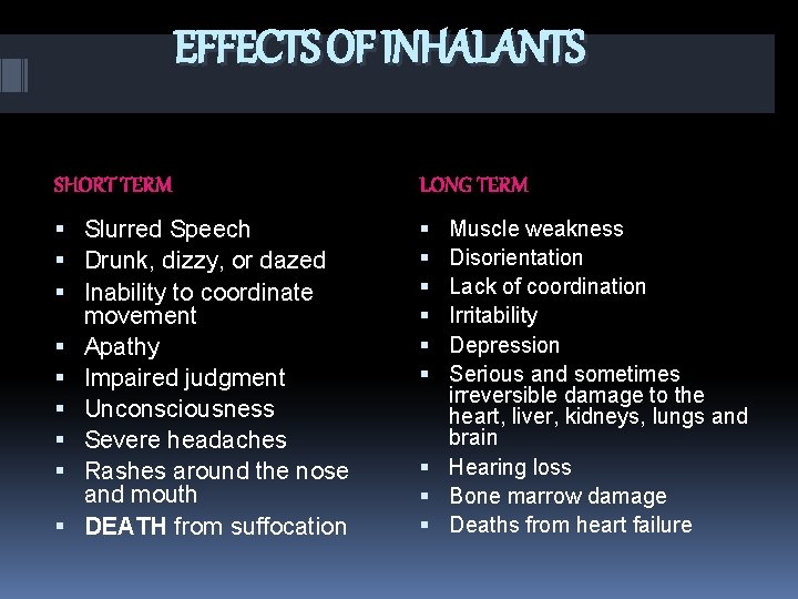 EFFECTS OF INHALANTS SHORT TERM LONG TERM Slurred Speech Drunk, dizzy, or dazed Inability