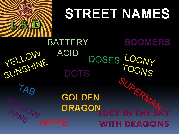 STREET NAMES BATTERY BOOMERS ACID W L O OONY D L O S E