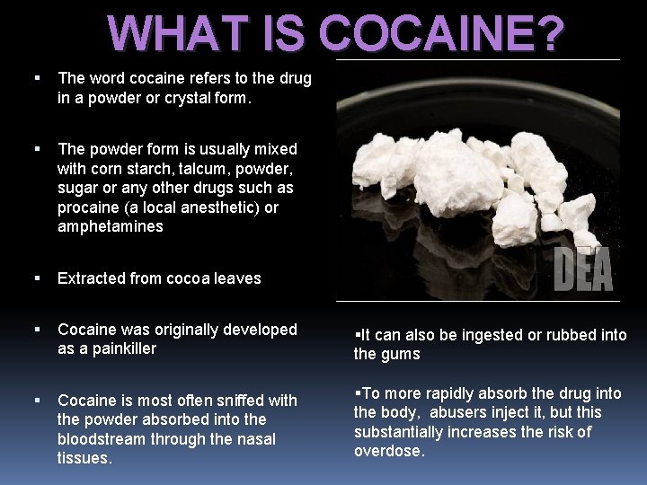 WHAT IS COCAINE? The word cocaine refers to the drug in a powder or