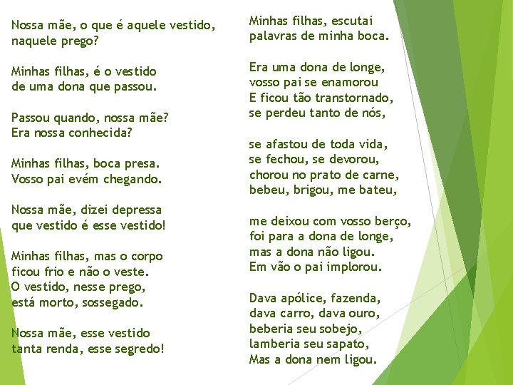 Nossa mãe, o que é aquele vestido, naquele prego? Minhas filhas, escutai palavras de