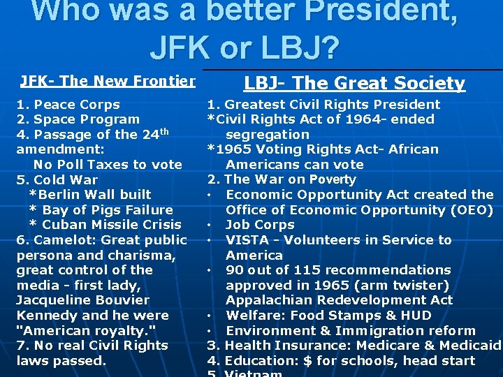 Who was a better President, JFK or LBJ? JFK- The New Frontier 1. Peace