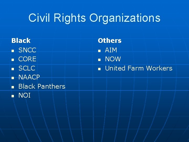 Civil Rights Organizations Black n SNCC n CORE n SCLC n NAACP n Black