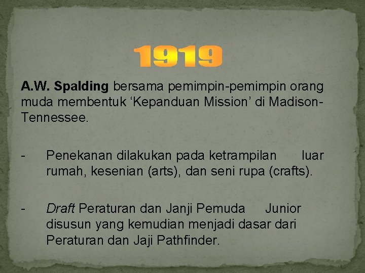 A. W. Spalding bersama pemimpin-pemimpin orang muda membentuk ‘Kepanduan Mission’ di Madison. Tennessee. -