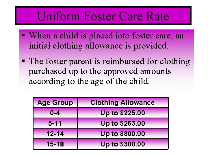 Uniform Foster Care Rate § When a child is placed into foster care, an