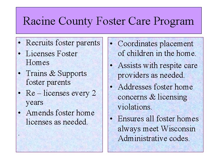 Racine County Foster Care Program • Recruits foster parents • Licenses Foster Homes • Racine County Foster Care Program • Recruits foster parents • Licenses Foster Homes •