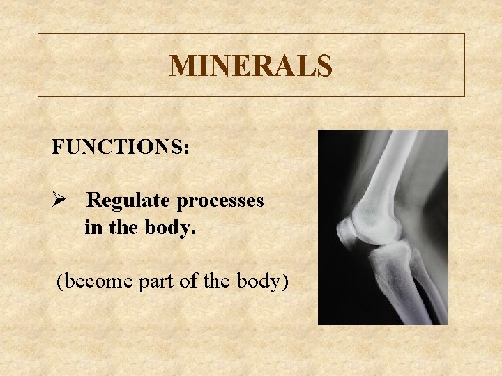 MINERALS FUNCTIONS: Ø Regulate processes in the body. (become part of the body) 