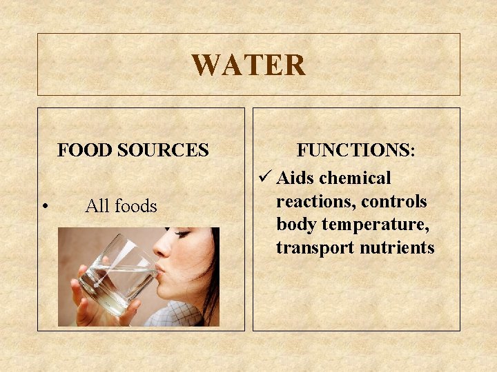 WATER FOOD SOURCES • All foods FUNCTIONS: ü Aids chemical reactions, controls body temperature,