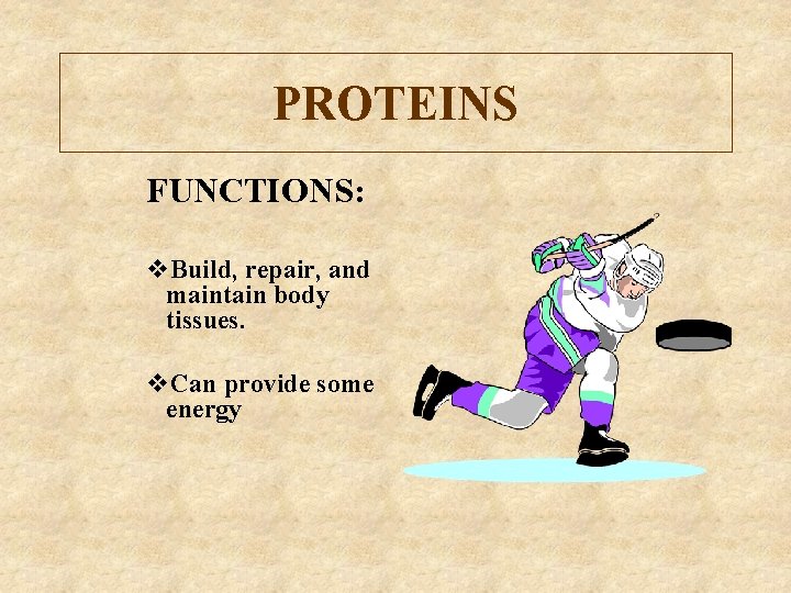 PROTEINS FUNCTIONS: v. Build, repair, and maintain body tissues. v. Can provide some energy