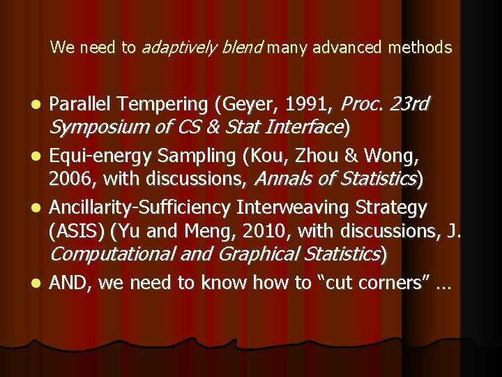 We need to adaptively blend many advanced methods Parallel Tempering (Geyer, 1991, Proc. 23