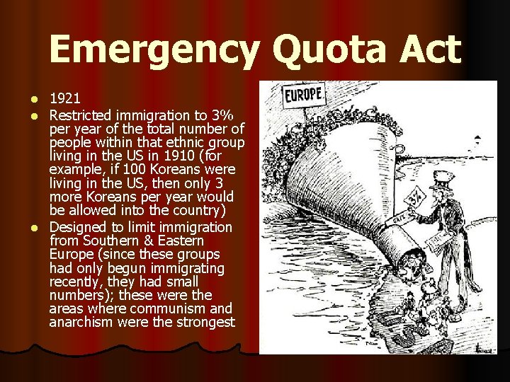 Emergency Quota Act 1921 Restricted immigration to 3% per year of the total number