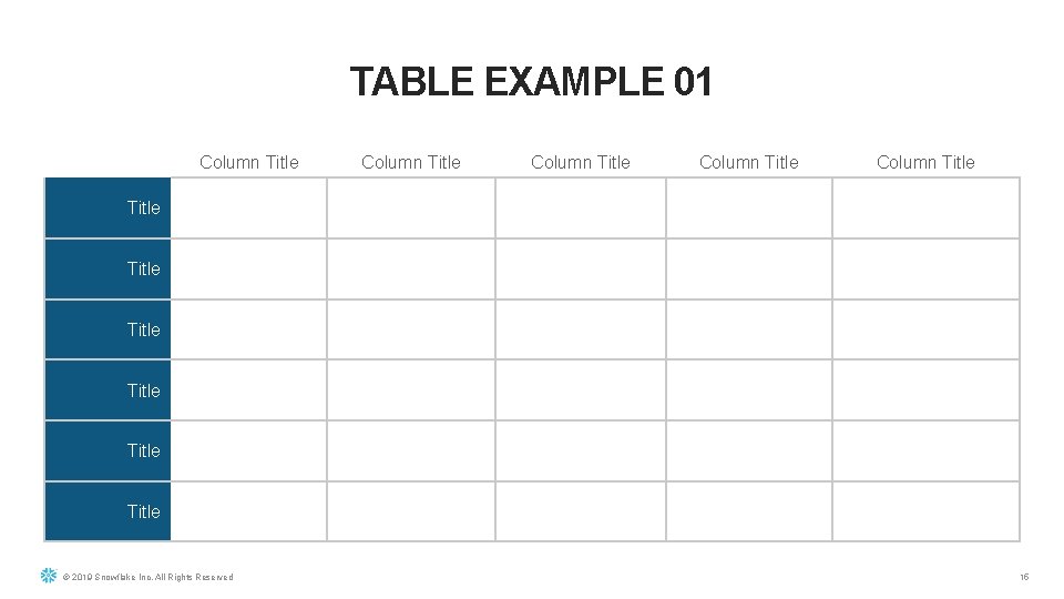 TABLE EXAMPLE 01 Column Title Column Title Title © 2019 Snowflake Inc. All Rights