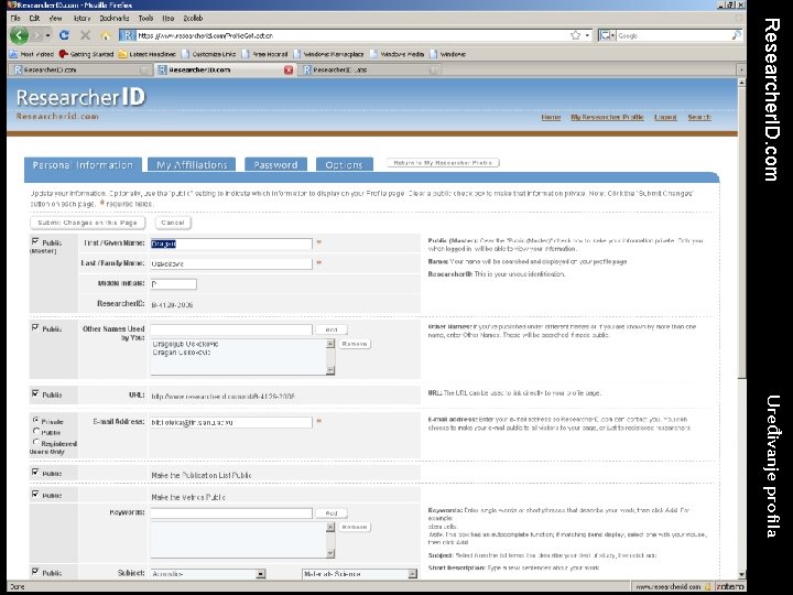 Researcher. ID. com Uređivanje profila 