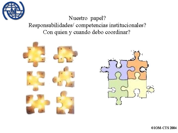 Nuestro papel? Responsabilidades/ competencias institucionales? Con quien y cuando debo coordinar? ©IOM-CTS 2004 