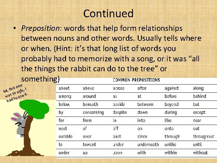 Continued • Preposition: words that help form relationships between nouns and other words. Usually