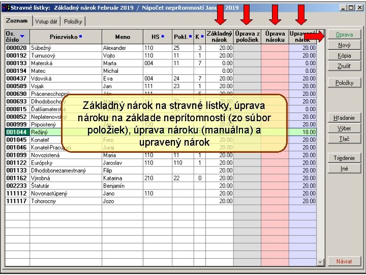 Základný nárok na stravné lístky, úprava nároku na základe neprítomnosti (zo súbor položiek), úprava