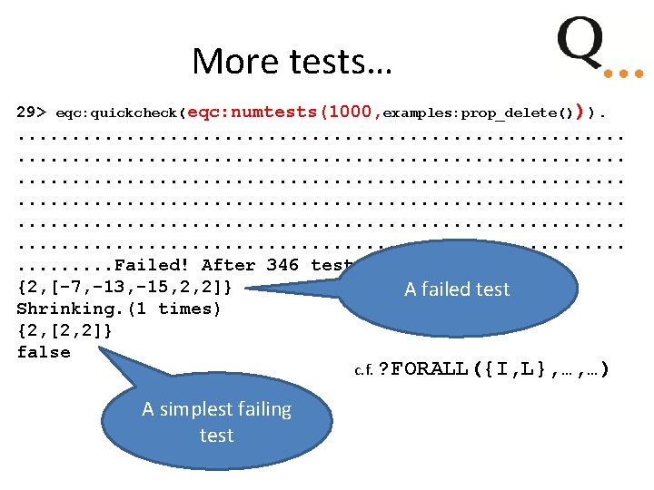 More tests… 29> eqc: quickcheck(eqc: numtests(1000, examples: prop_delete())). . . . . . . More tests… 29> eqc: quickcheck(eqc: numtests(1000, examples: prop_delete())). . . . . . .