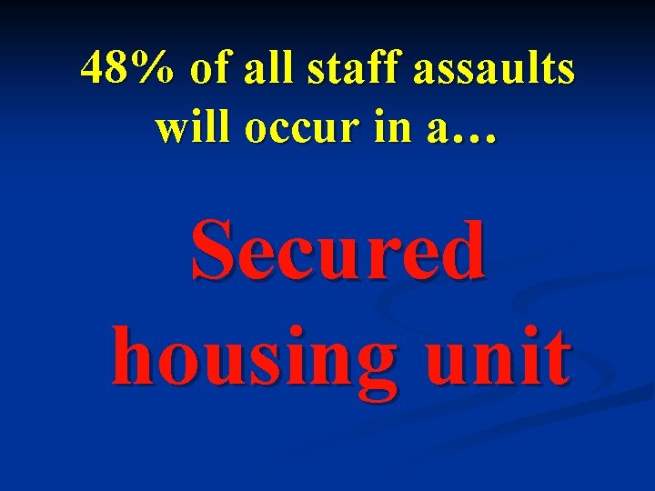 48% of all staff assaults will occur in a… Secured housing unit 