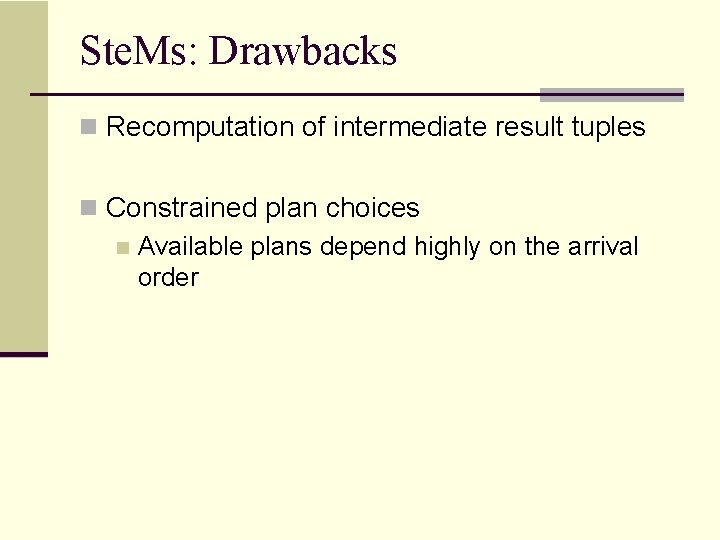 Ste. Ms: Drawbacks n Recomputation of intermediate result tuples n Constrained plan choices n