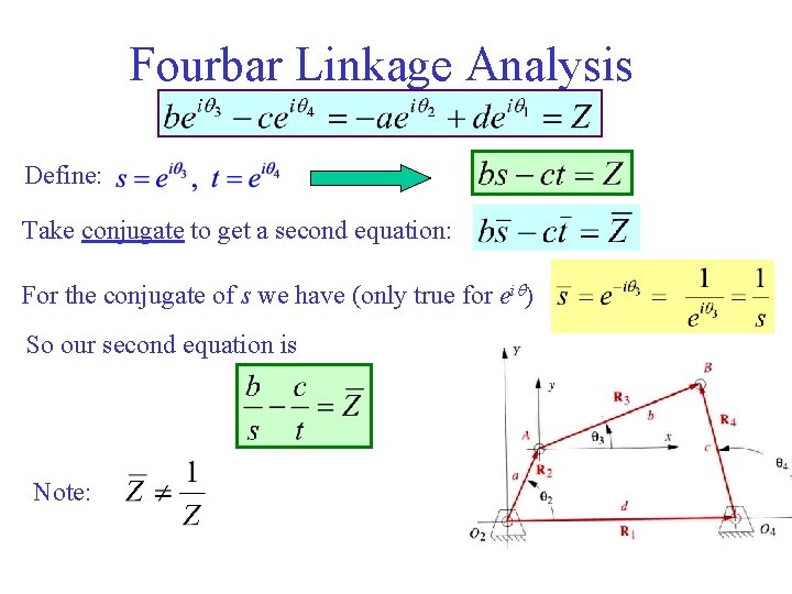 Fourbar Linkage Analysis Define: Take conjugate to get a second equation: For the conjugate Fourbar Linkage Analysis Define: Take conjugate to get a second equation: For the conjugate