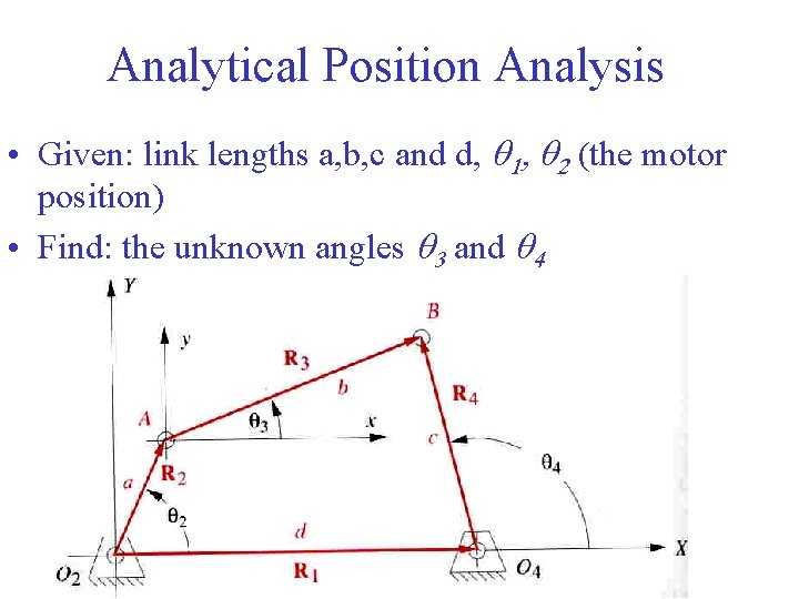 Analytical Position Analysis • Given: link lengths a, b, c and d, q 1, Analytical Position Analysis • Given: link lengths a, b, c and d, q 1,