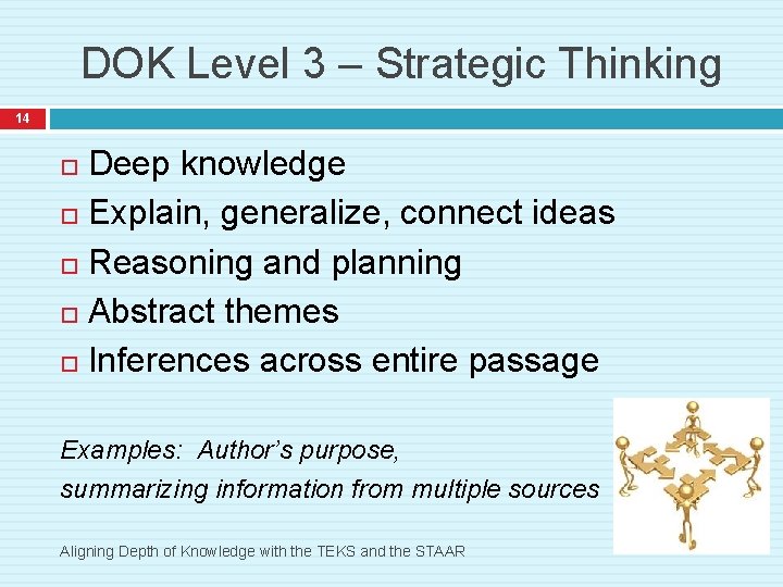 DOK Level 3 – Strategic Thinking 14 Deep knowledge Explain, generalize, connect ideas Reasoning