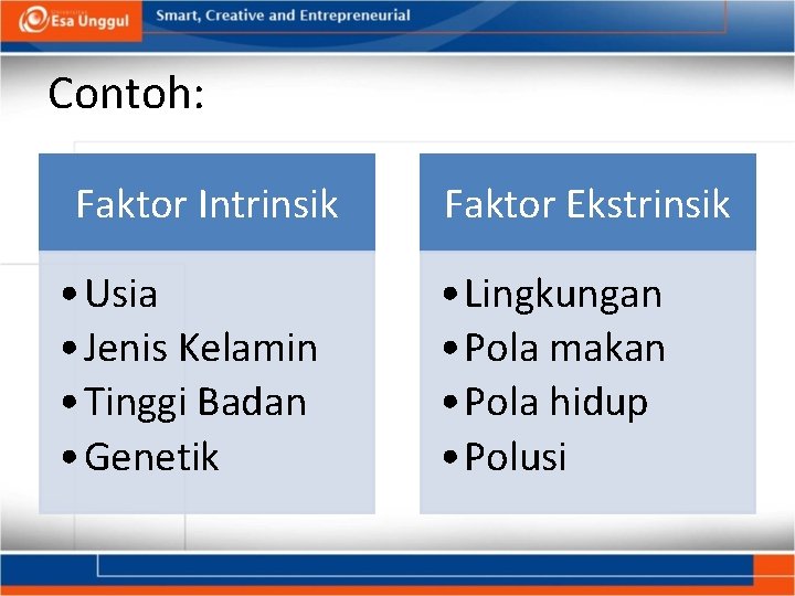 Contoh: Faktor Intrinsik • Usia • Jenis Kelamin • Tinggi Badan • Genetik Faktor