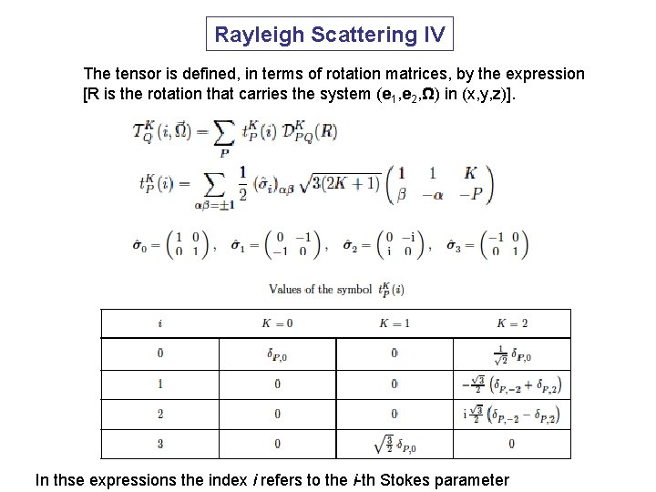 Rayleigh Scattering IV The tensor is defined, in terms of rotation matrices, by the